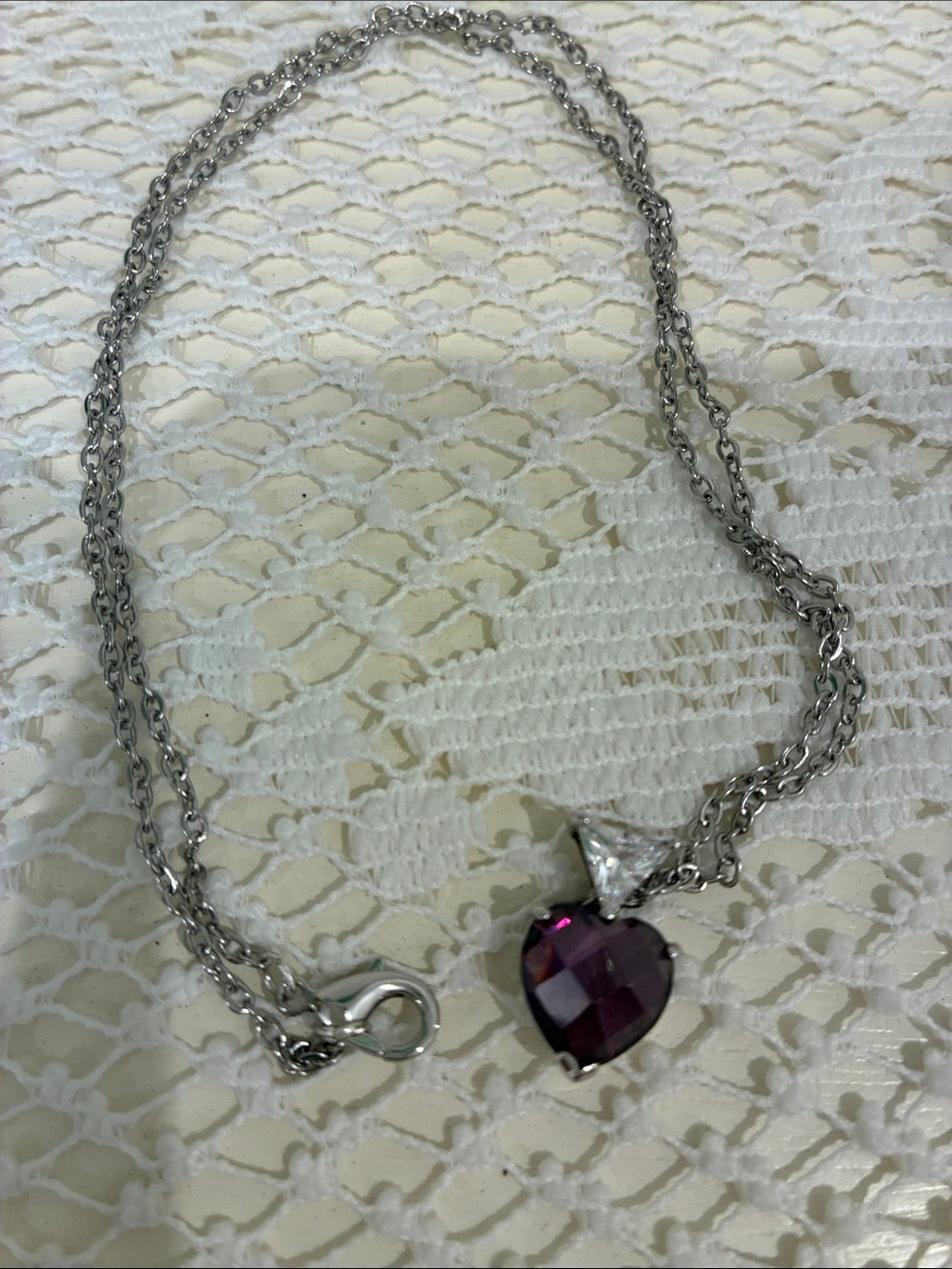 Classic Silver Tone Necklace with Deep Purple Heart Pendant w/ Rhinestone
